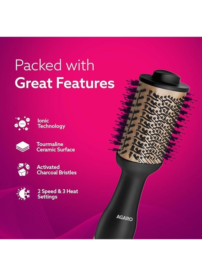 AGARO HV2179 1200 Watts Professional Volumizer Hair Dryer, 24K Gold Styling Surface, Activated Charcoal Bristles, Ceramic Tourmaline Coating Brush Head, One Step Styler, Hot Air Blow Brush for Women - Image 2